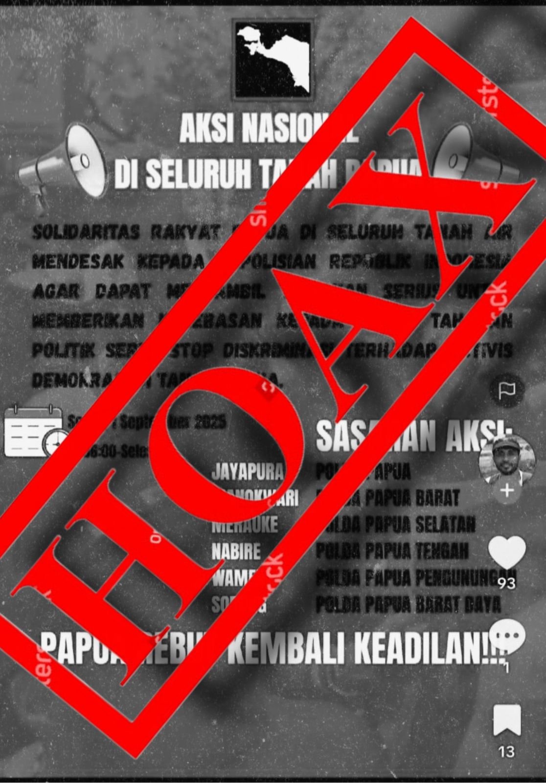 HOAKS!!! Seruan Aksi Nasional di Seluruh Tanah Papua 1 September 2025.